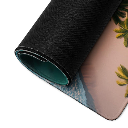 Black rolled-up tropical beach gaming mouse pad with teal stitching