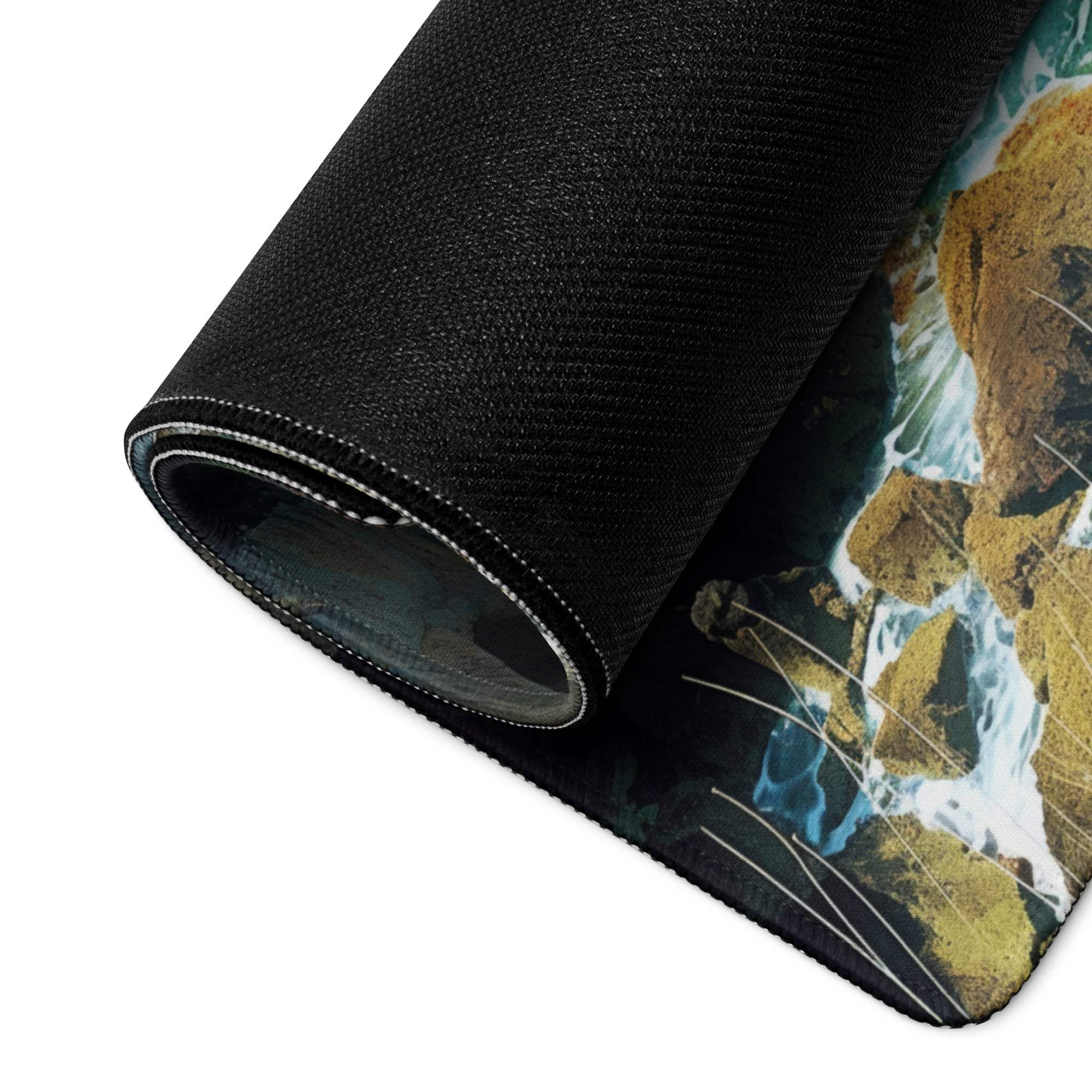 Black textured mousepad with vivid turquoise ocean waves on rocks, large gaming pad for Dota CSGO
