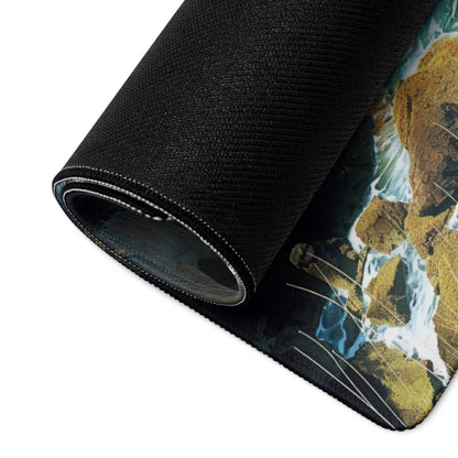 Black textured mousepad with vivid turquoise ocean waves on rocks, large gaming pad for Dota CSGO