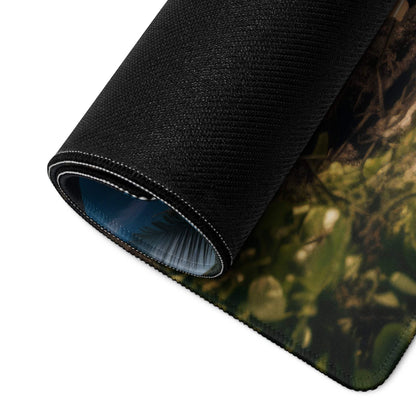 Black textured camouflage forest mousepad with white stitching