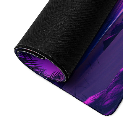 Underside of Tropical Sunset gaming mouse pad with purple black palm leaf design