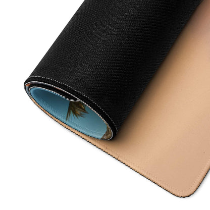 Black textured gaming mousepad back with tan leather underside, palm tree edge