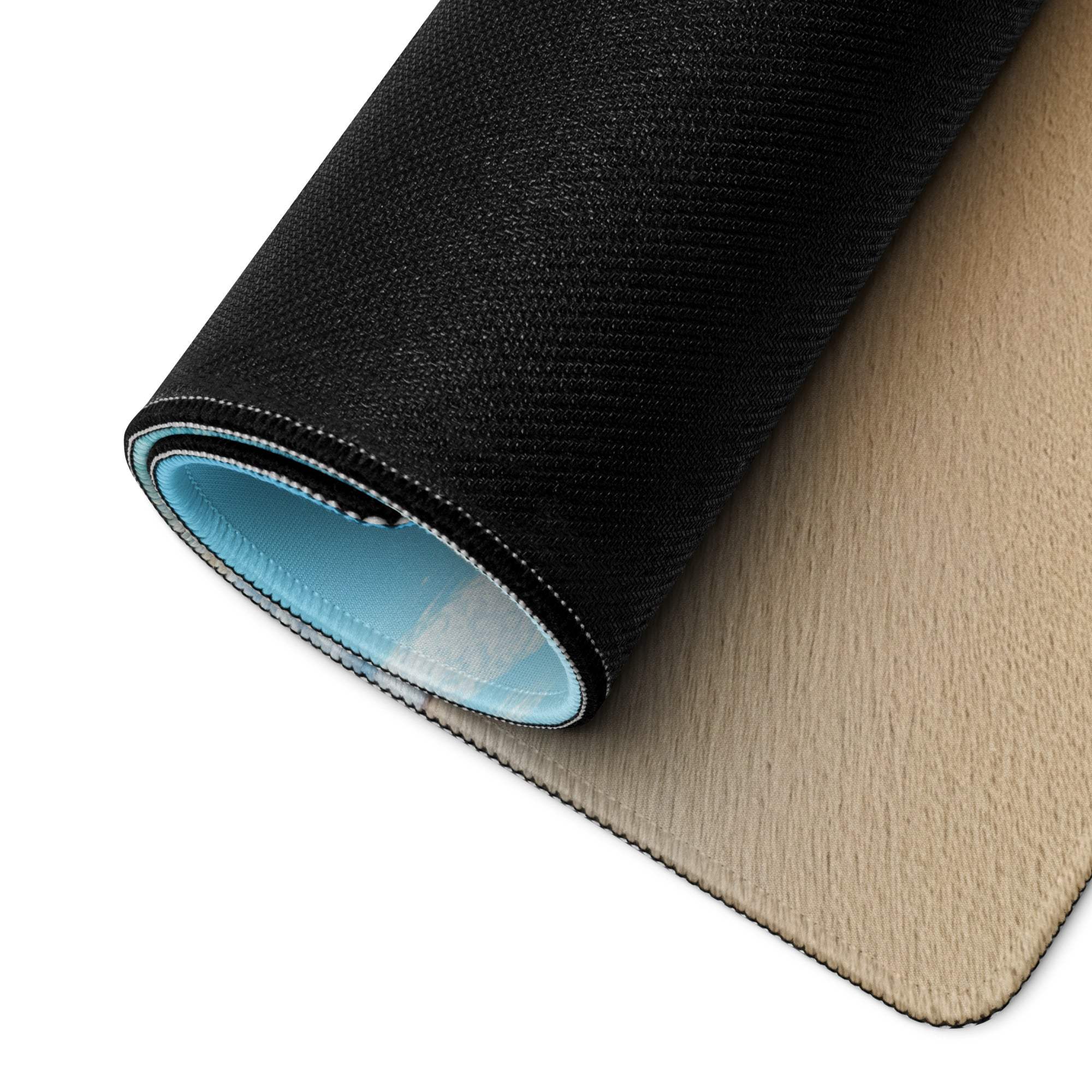 Calm Ocean Blue gaming mouse pad back: black textured top, light blue lining, beige underside