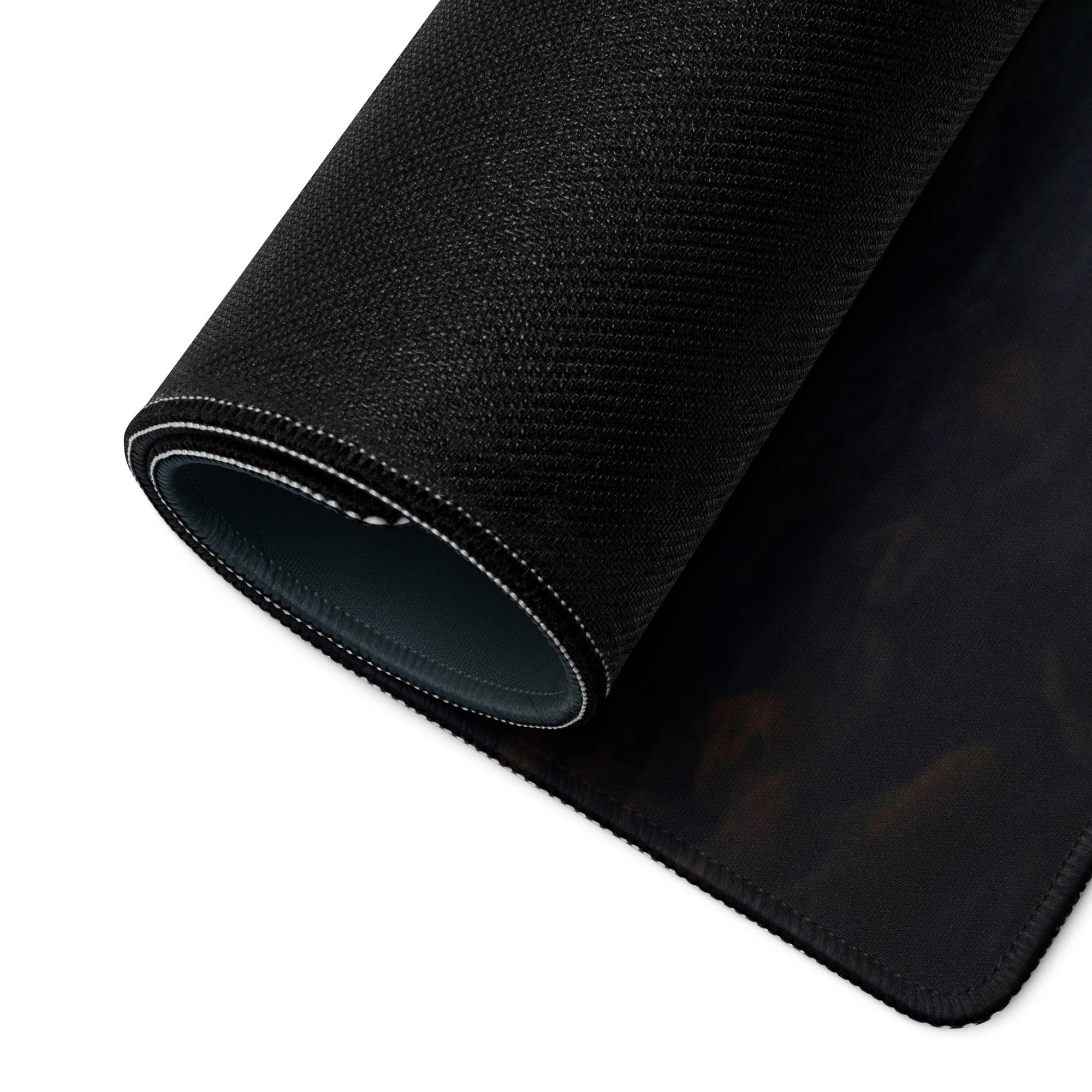 Black textured gaming mousepad with stitched edges, Halloween pumpkin scene