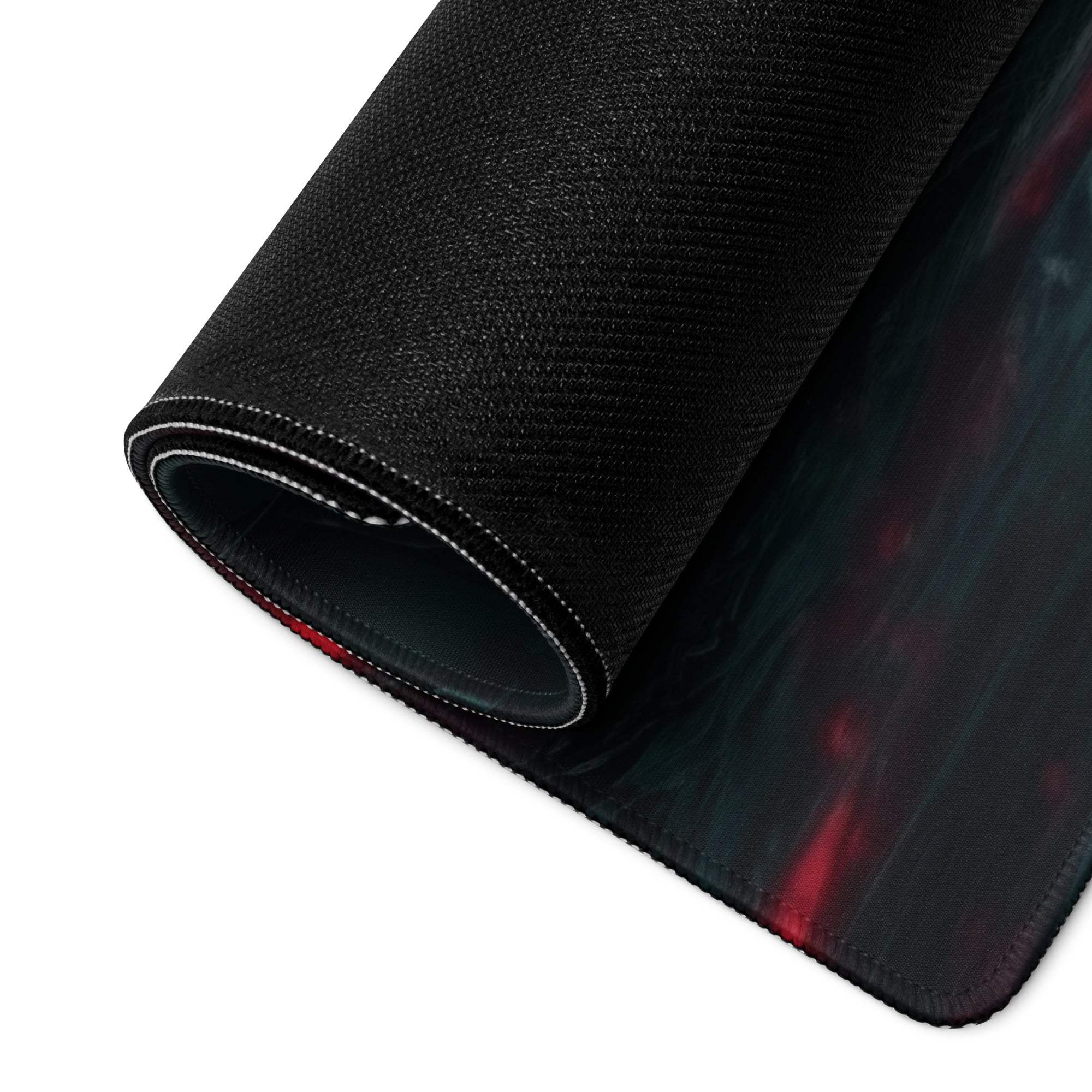 Black gaming mousepad with red teal abstract design and non-slip base