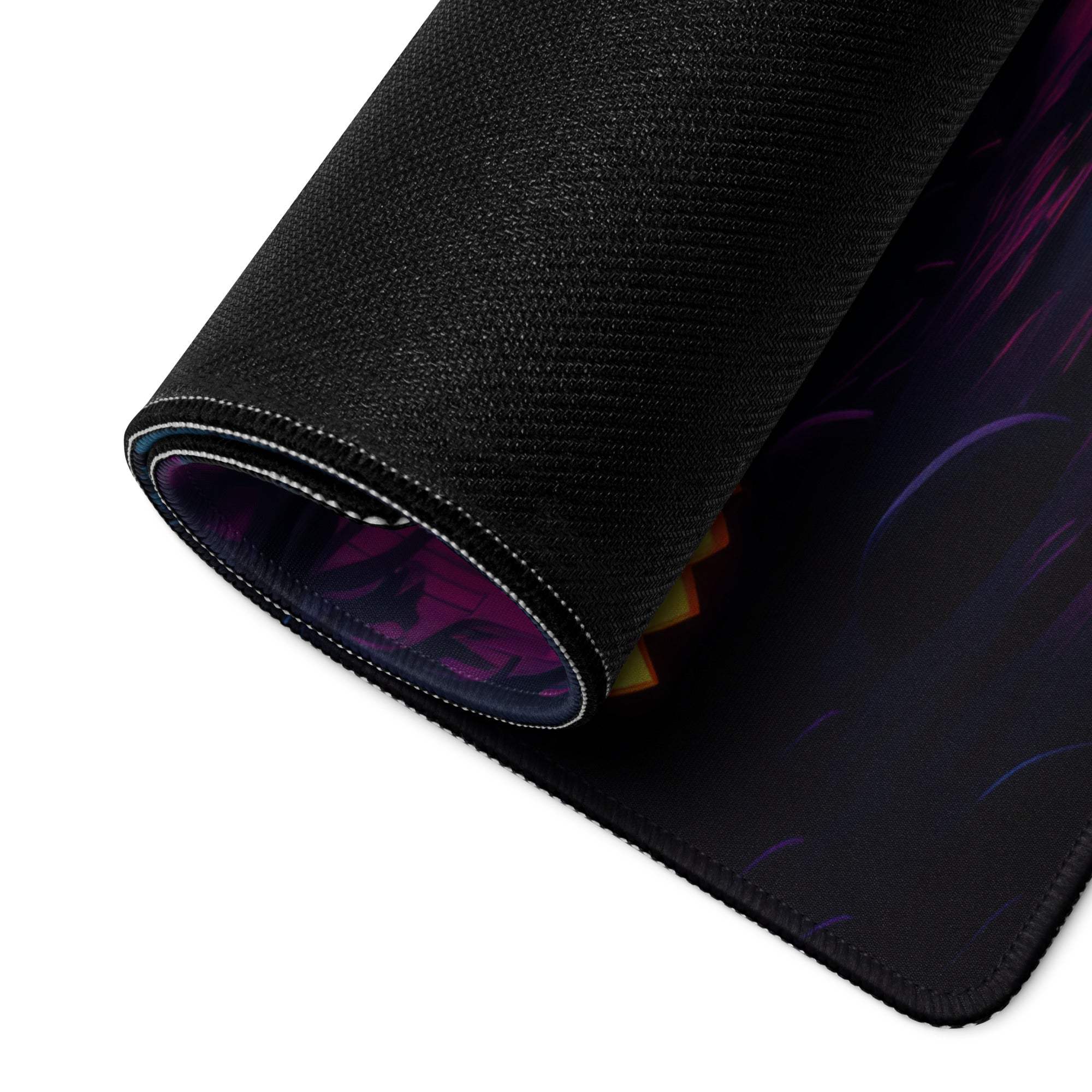 Black gaming mousepad with neon Halloween forest purple orange design