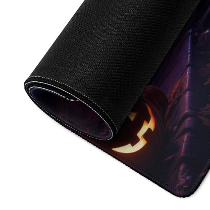 Black textured Halloween gaming mousepad with orange jack-o-lantern and purple fantasy art