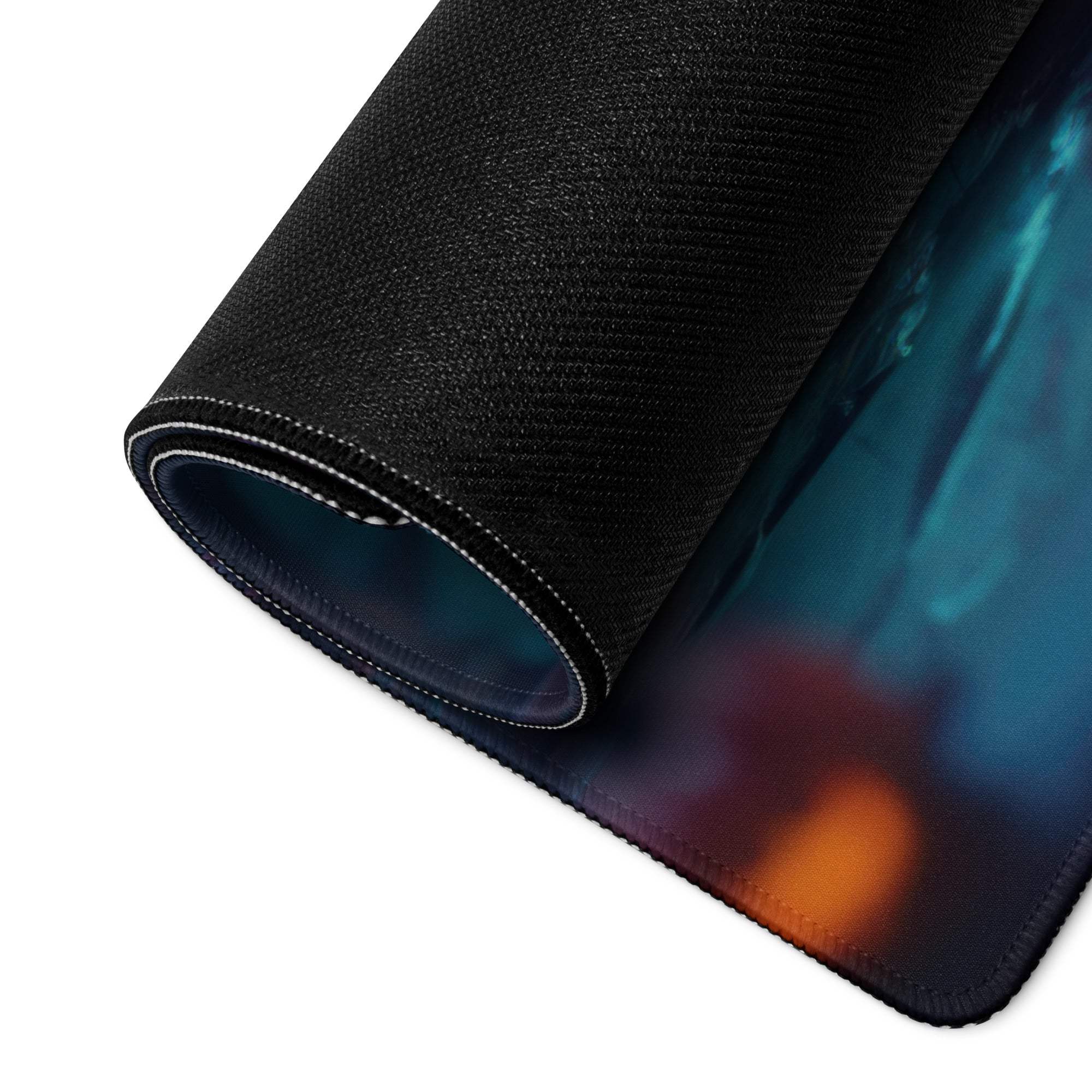 Festive Halloween pumpkin glow large gaming mouse pad with black textured blue orange gradient
