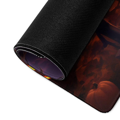 Black textured Halloween mouse pad with orange pumpkins and haunted house scene