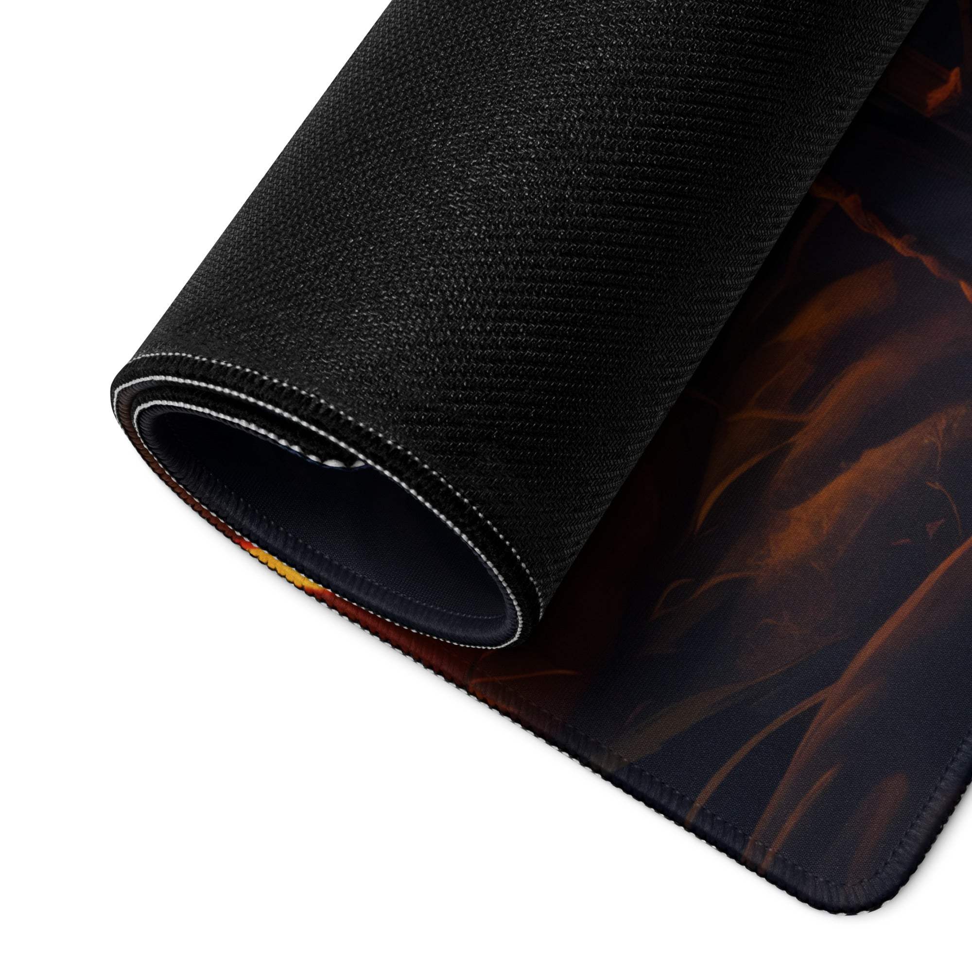 Black textured gaming mousepad with Halloween haunted house fiery orange design