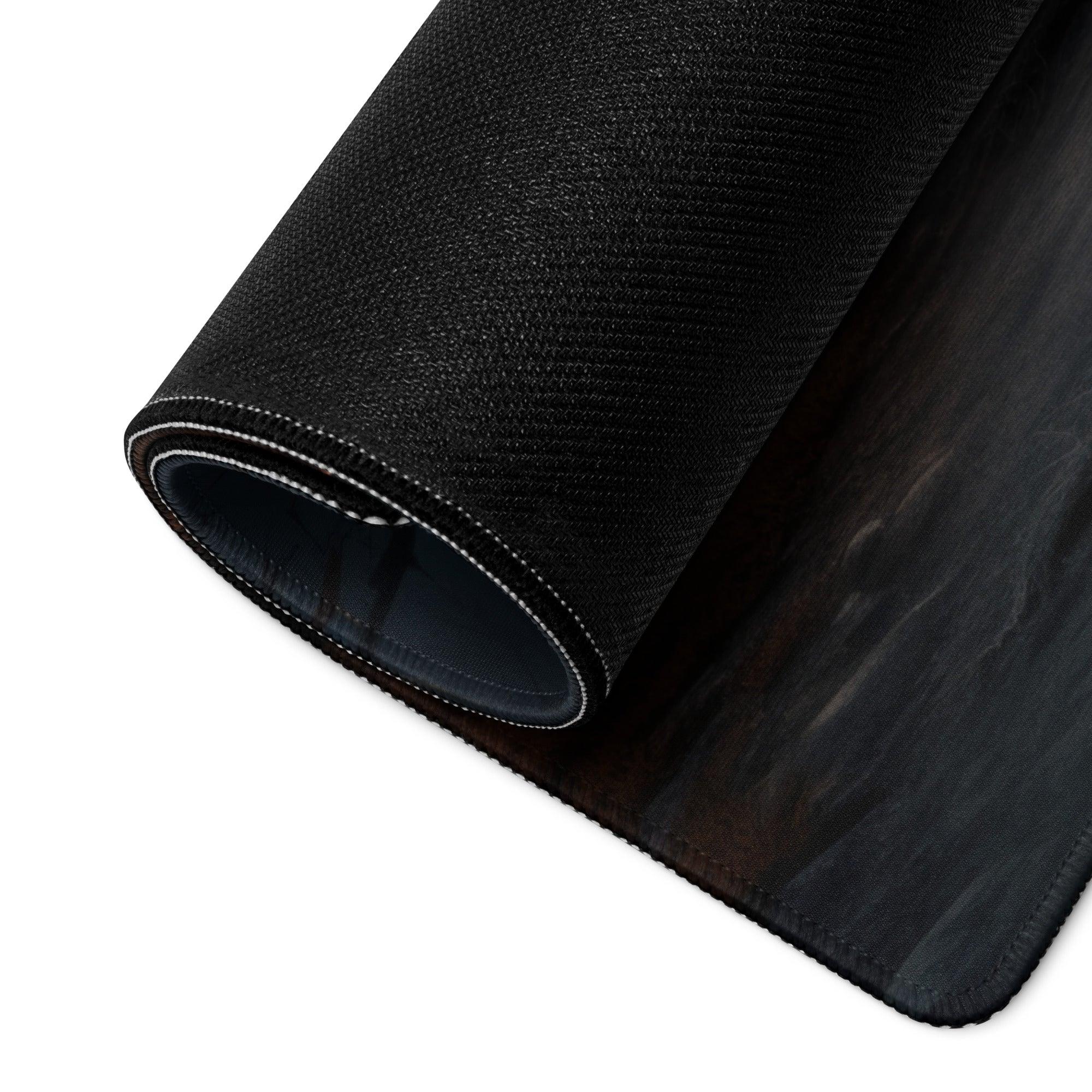 Black textured wood grain mousepad with stitched edges and non-slip base