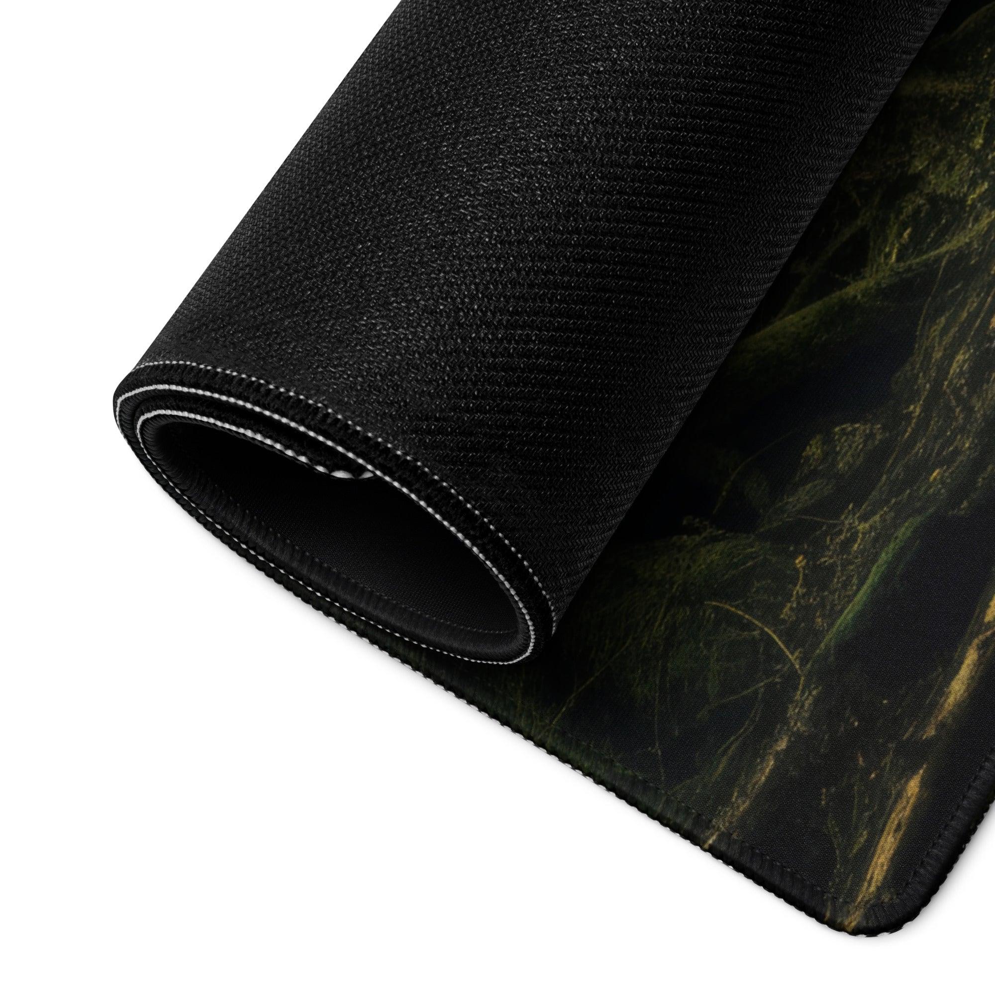Mystic Forest large gaming mouse pad with black textured dark green gold forest design
