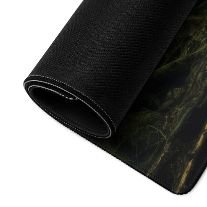 Mystic Forest large gaming mouse pad with black textured dark green gold forest design