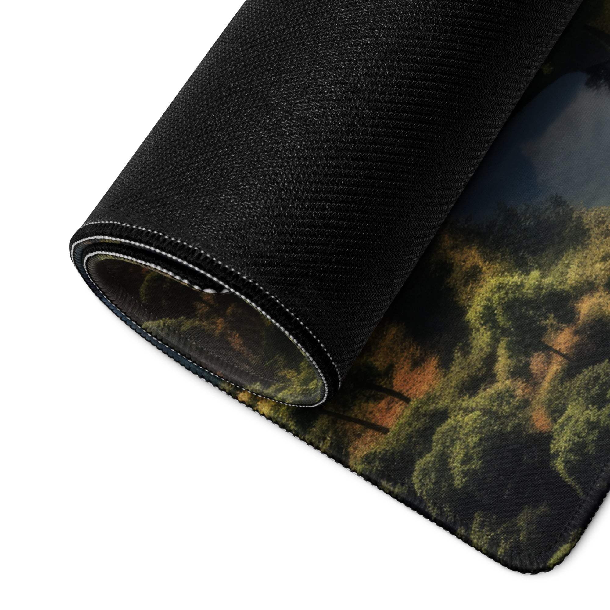 Black textured forest trees mousepad with rolled edge and non-slip base