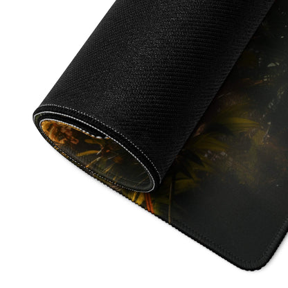 Black textured gaming mousepad with immersive jungle sunrise fantasy art