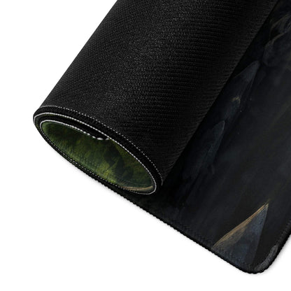 Black textured gaming mousepad with emerald green lining and stitched edges