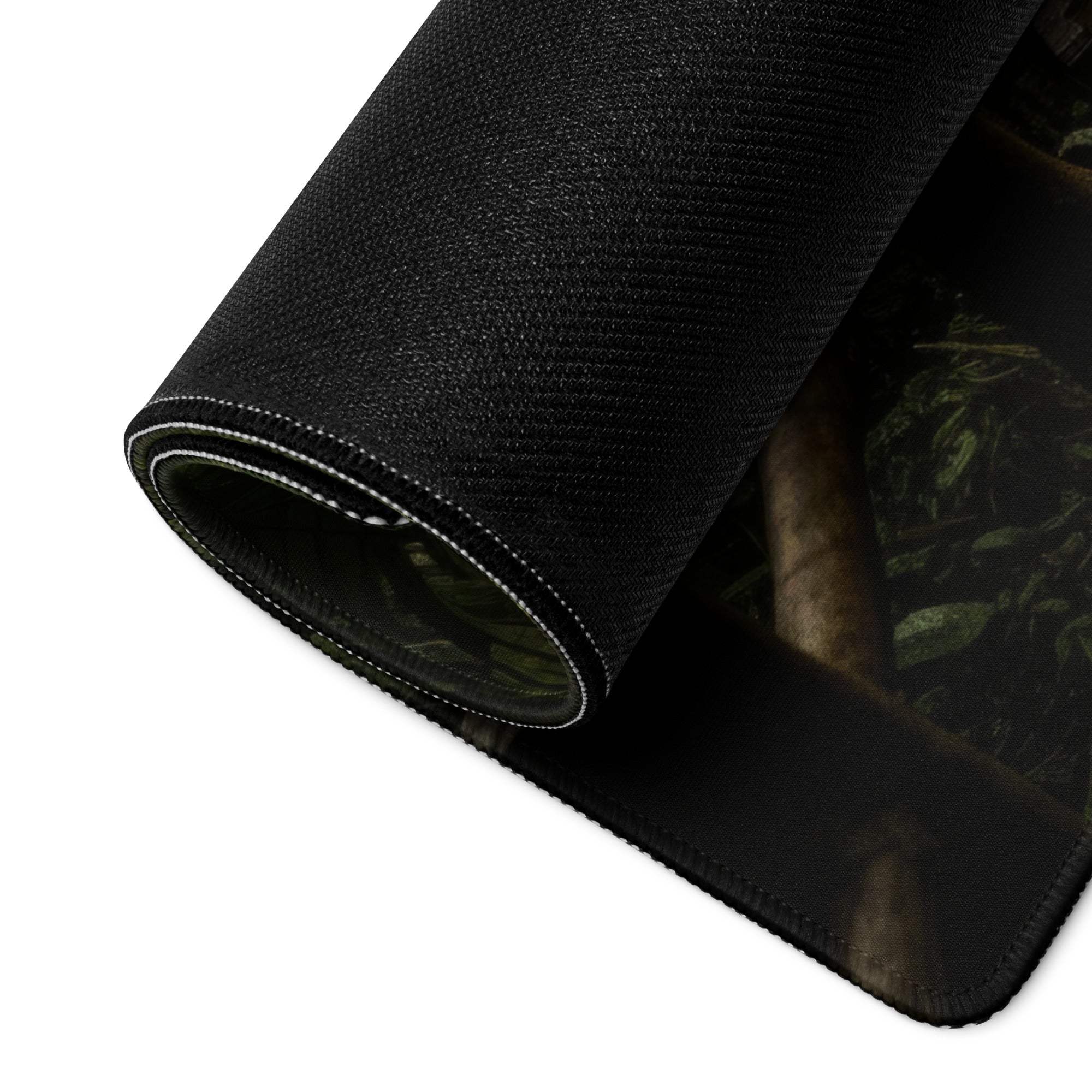 Black textured camouflage forest mousepad with stitched edges