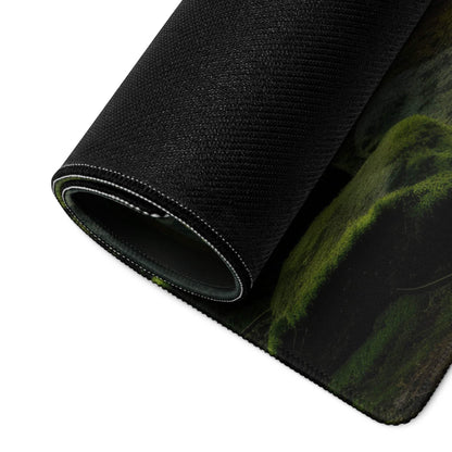 Black textured mousepad with green mossy forest path design