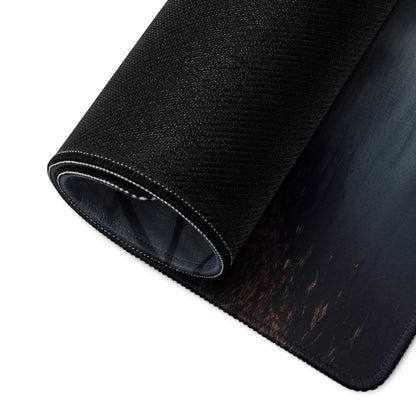 Black textured gaming mousepad with dark forest gradient, stitched edges
