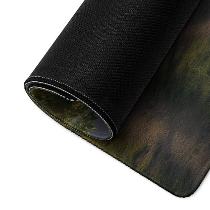 Black textured gaming mousepad with rolled edge, greenish-brown sunrise landscape