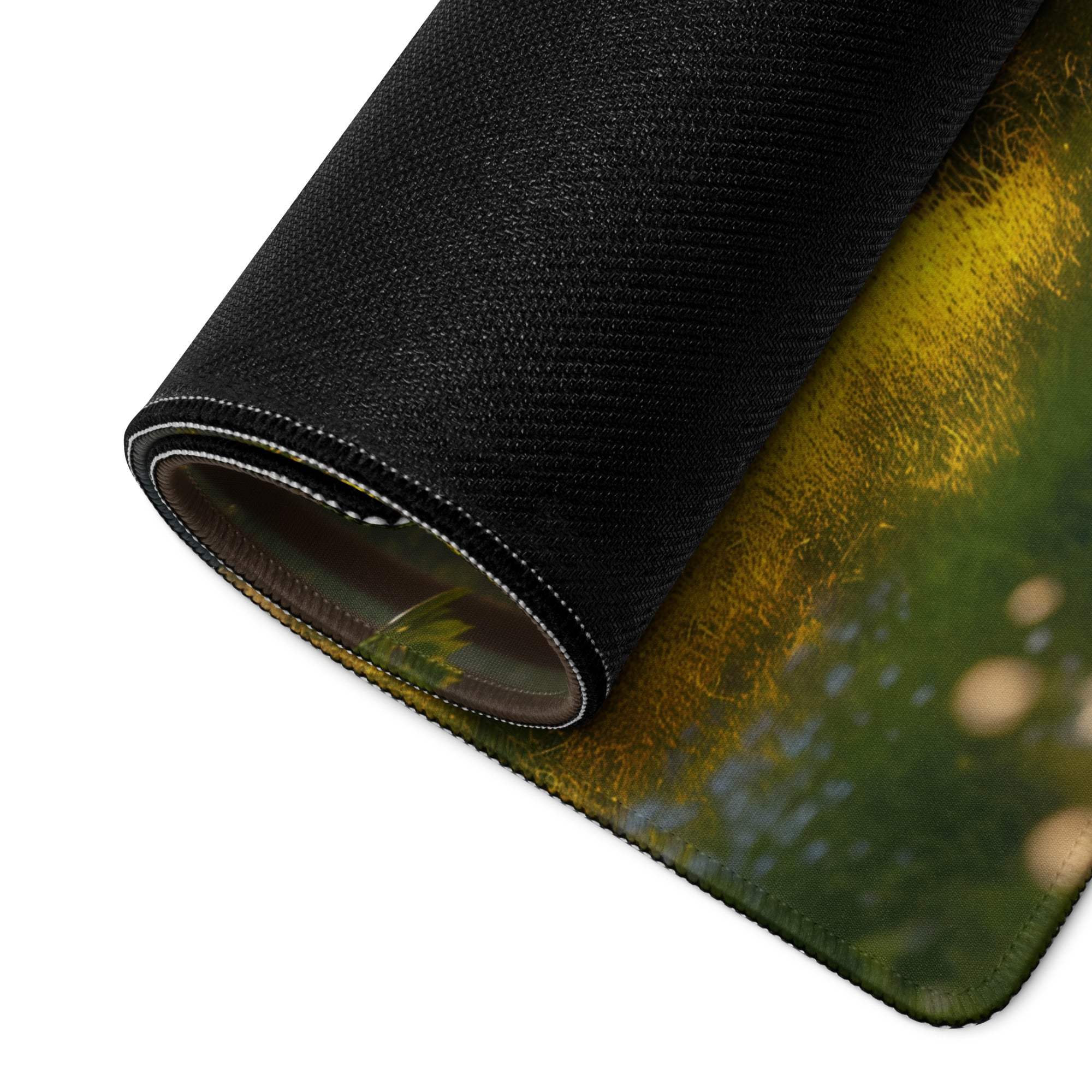 Black textured gaming mousepad with green yellow grassy print and stitched edge