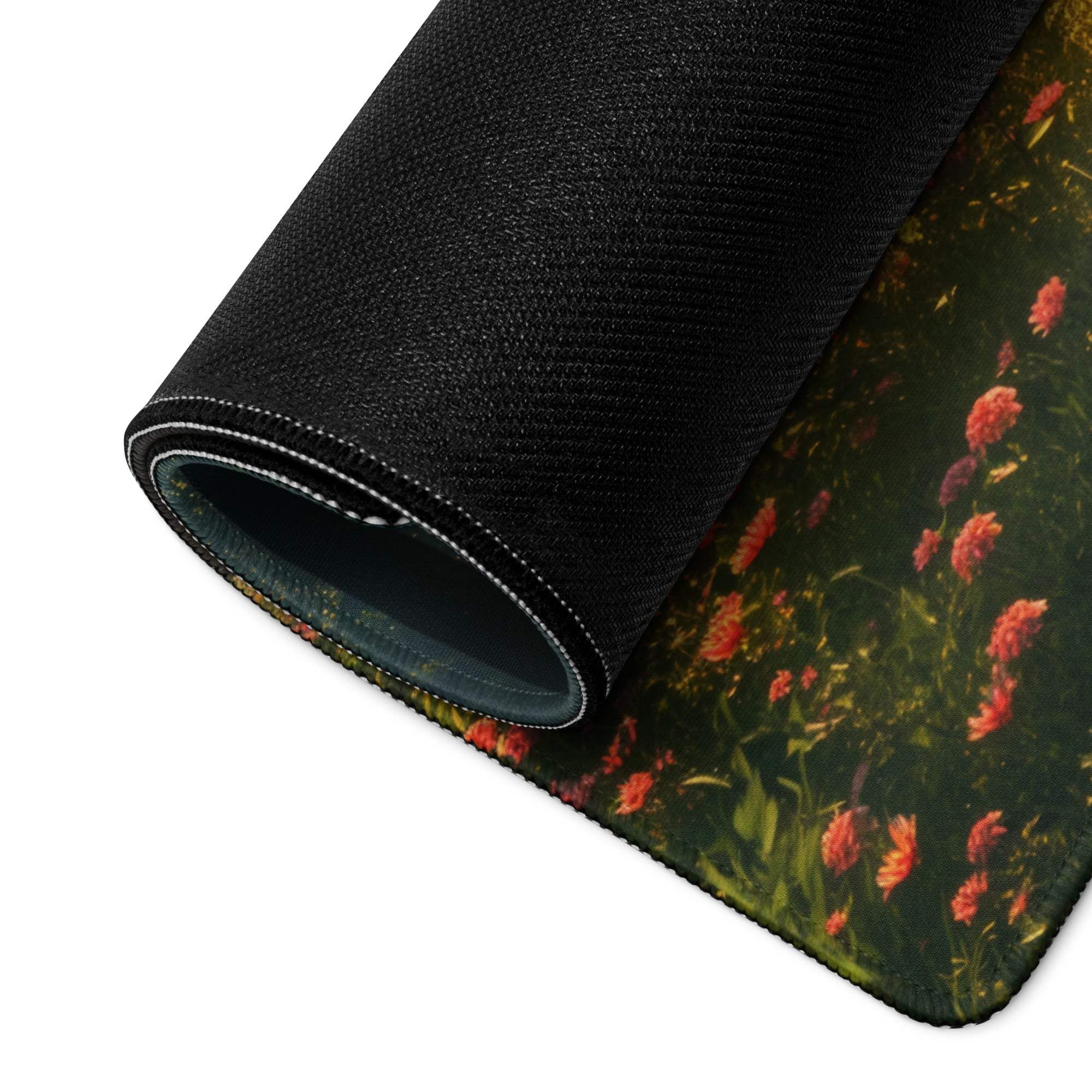 Premium large gaming mouse pad with vibrant floral sunlit forest design