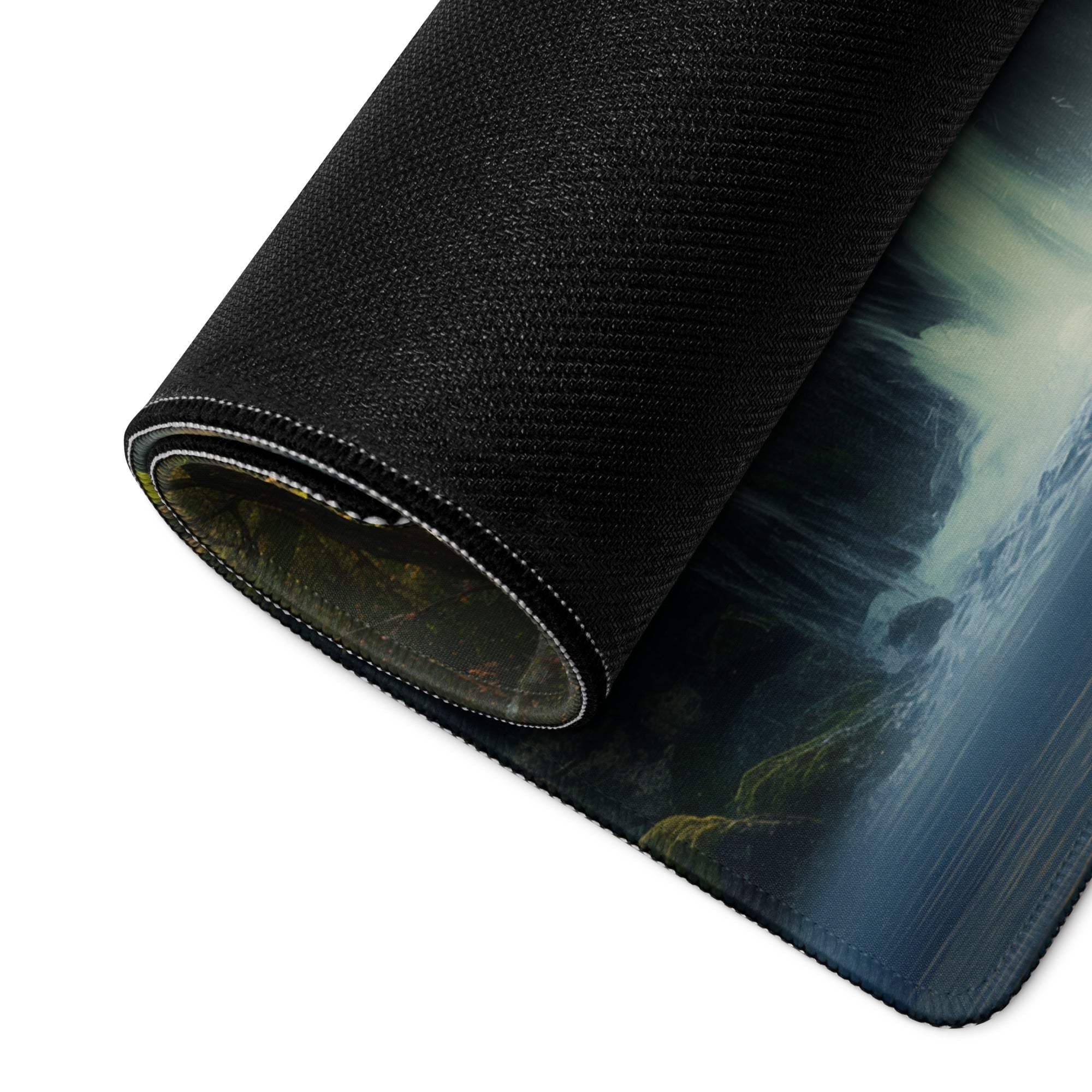 Forest Sunrise Waterfall gaming mousepad with misty cliffs, lush greenery, golden sunlight, black textured rolled edge