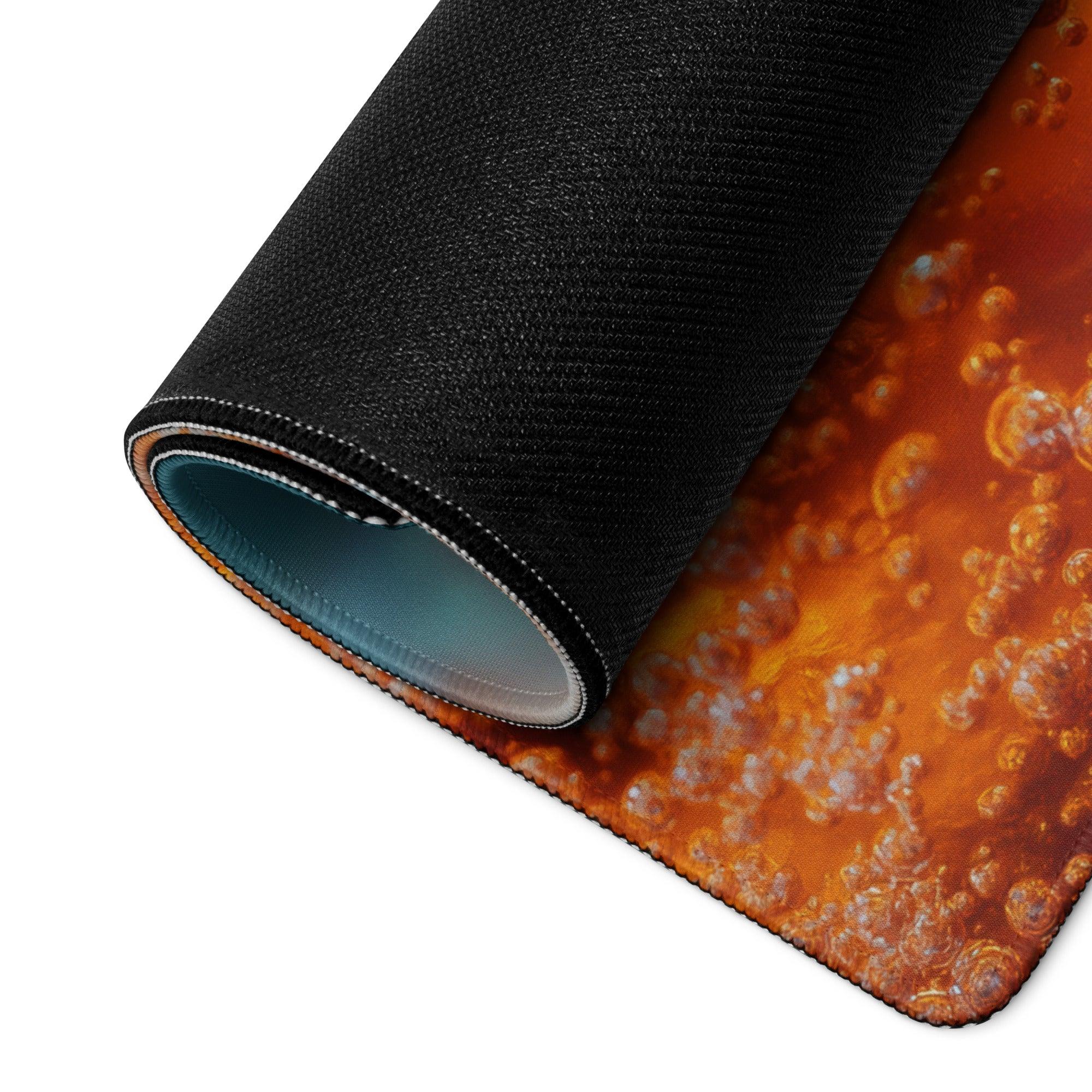 Rolled-up black gaming mousepad with vibrant orange beverage bubble design