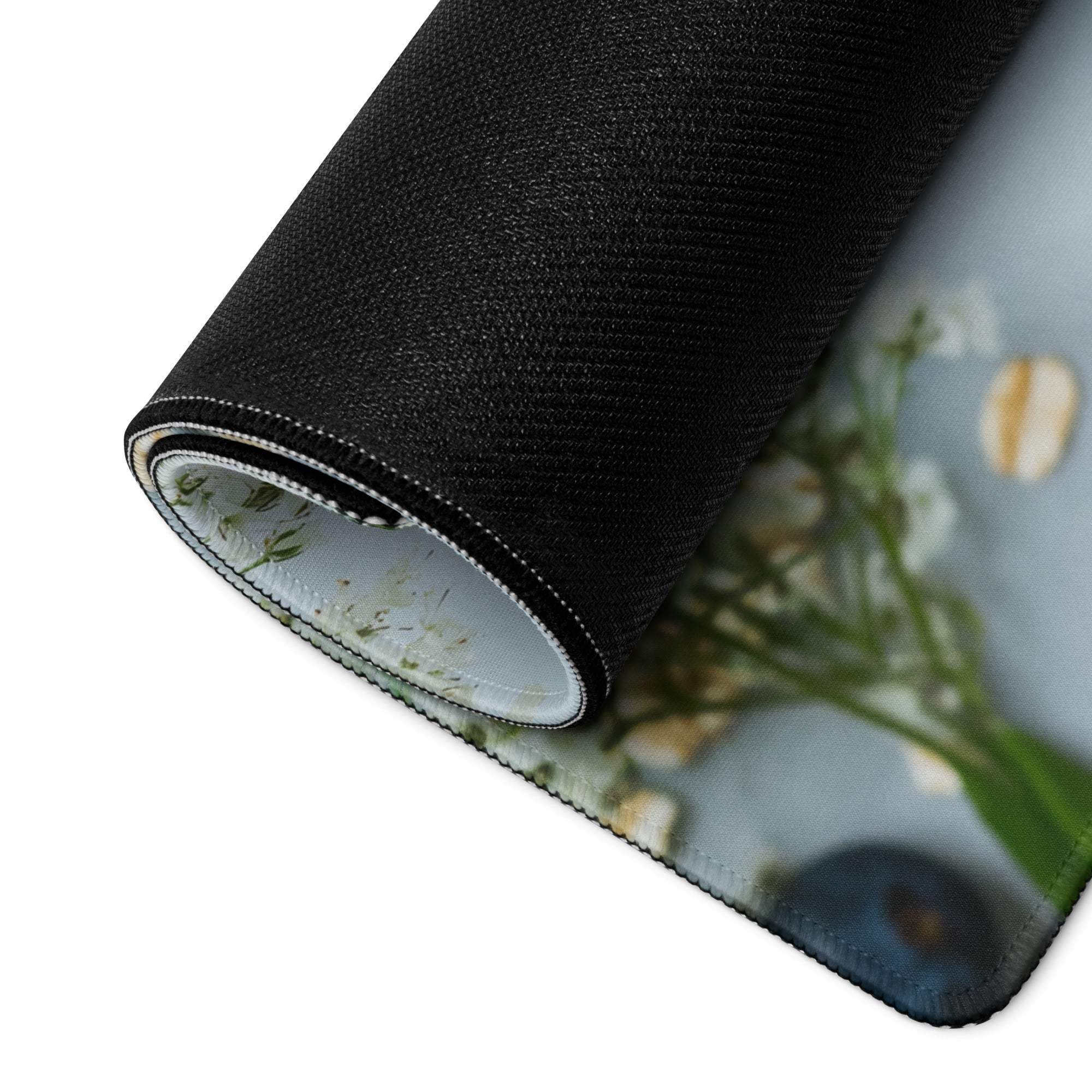 Black rolled-up gaming mouse pad with white flowers, non-slip for Dota CSGO