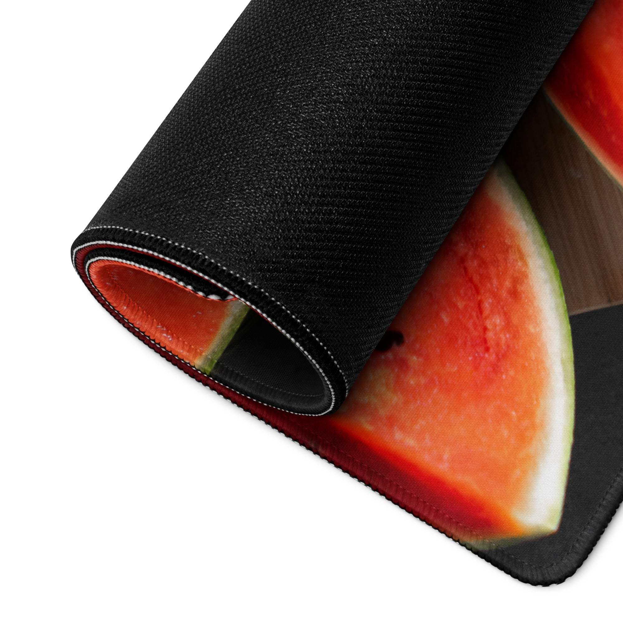Black watermelon slice gaming mouse pad with large surface and stitched edges