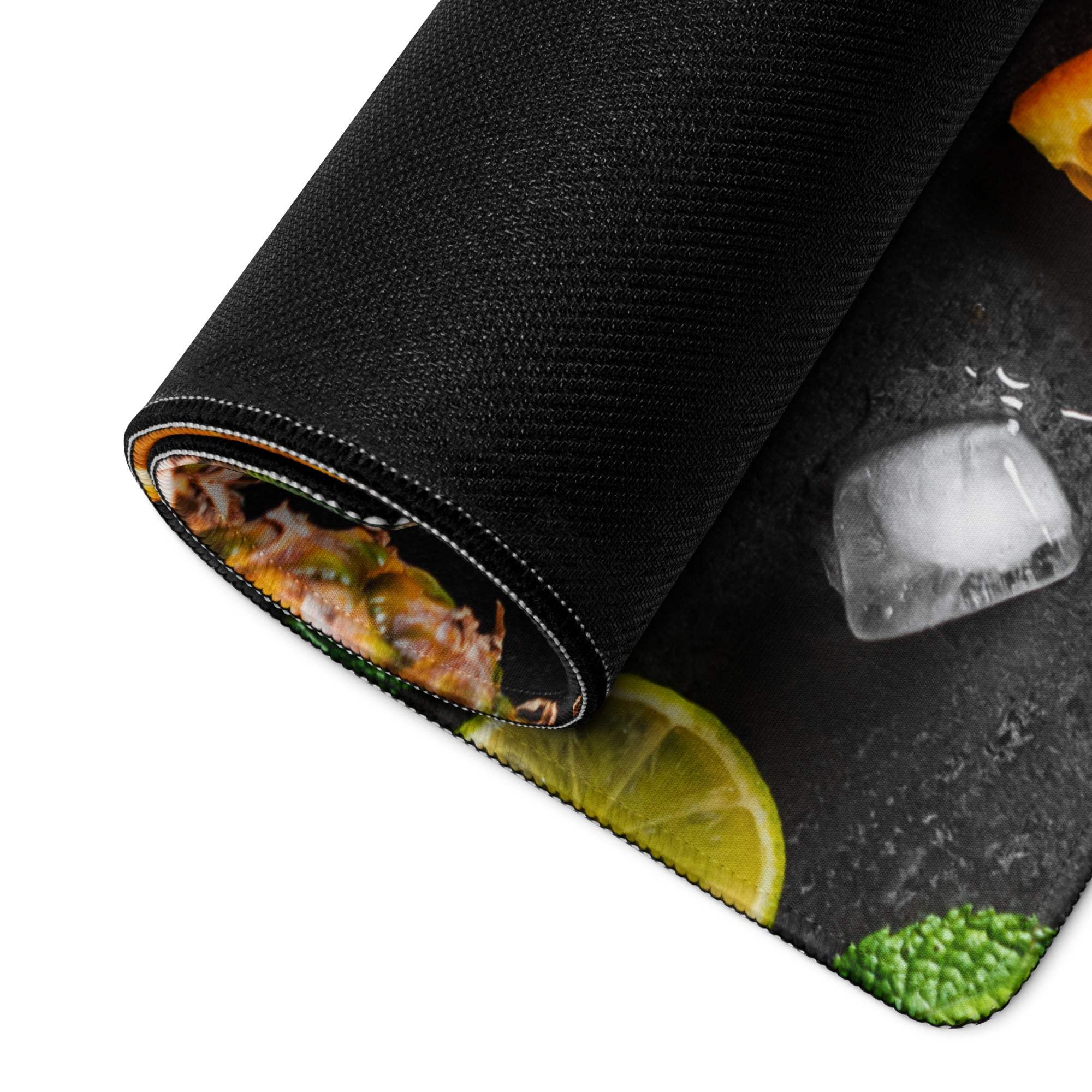 Black fabric gaming mousepad with vibrant citrus slices, ice cubes, non-slip base