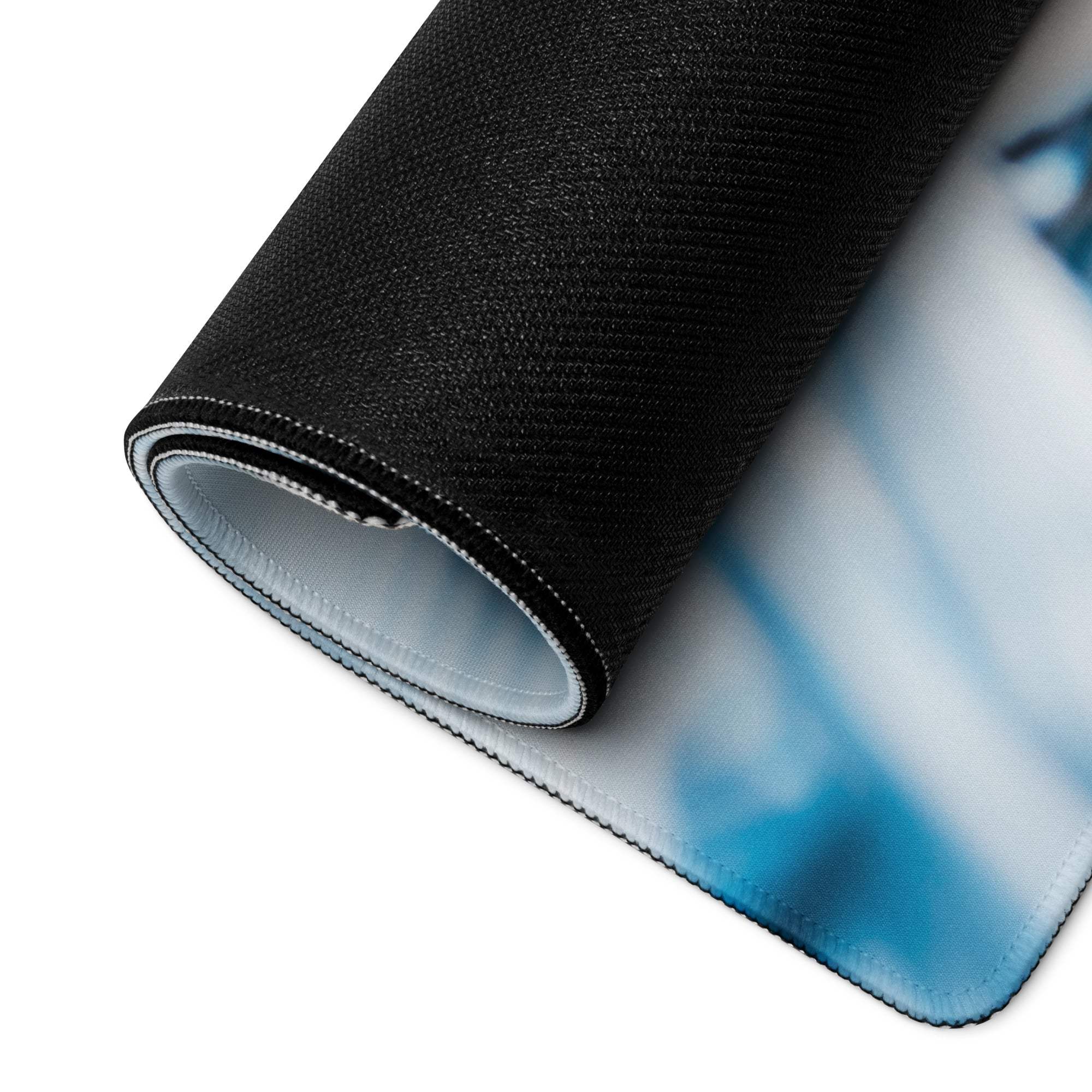 Premium large non-slip blue calm gaming mouse pad with black textured unrolled edge