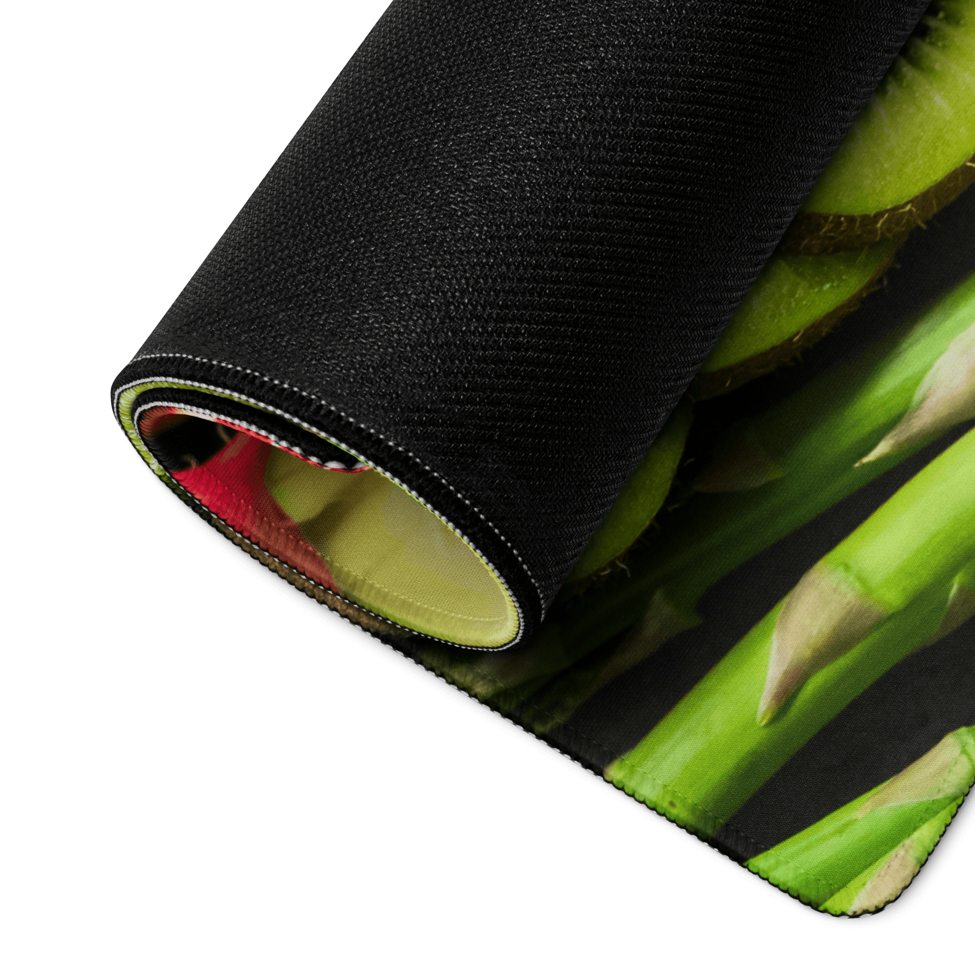 Black gaming mousepad with vibrant green asparagus print and stitched edges
