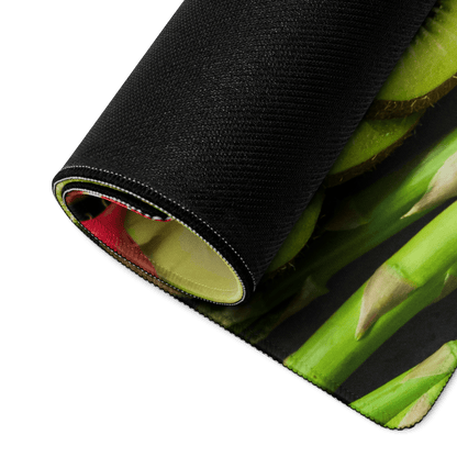 Black gaming mousepad with vibrant green asparagus print and stitched edges