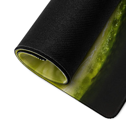 Black gaming mousepad with vibrant green textured top and lime-green lining