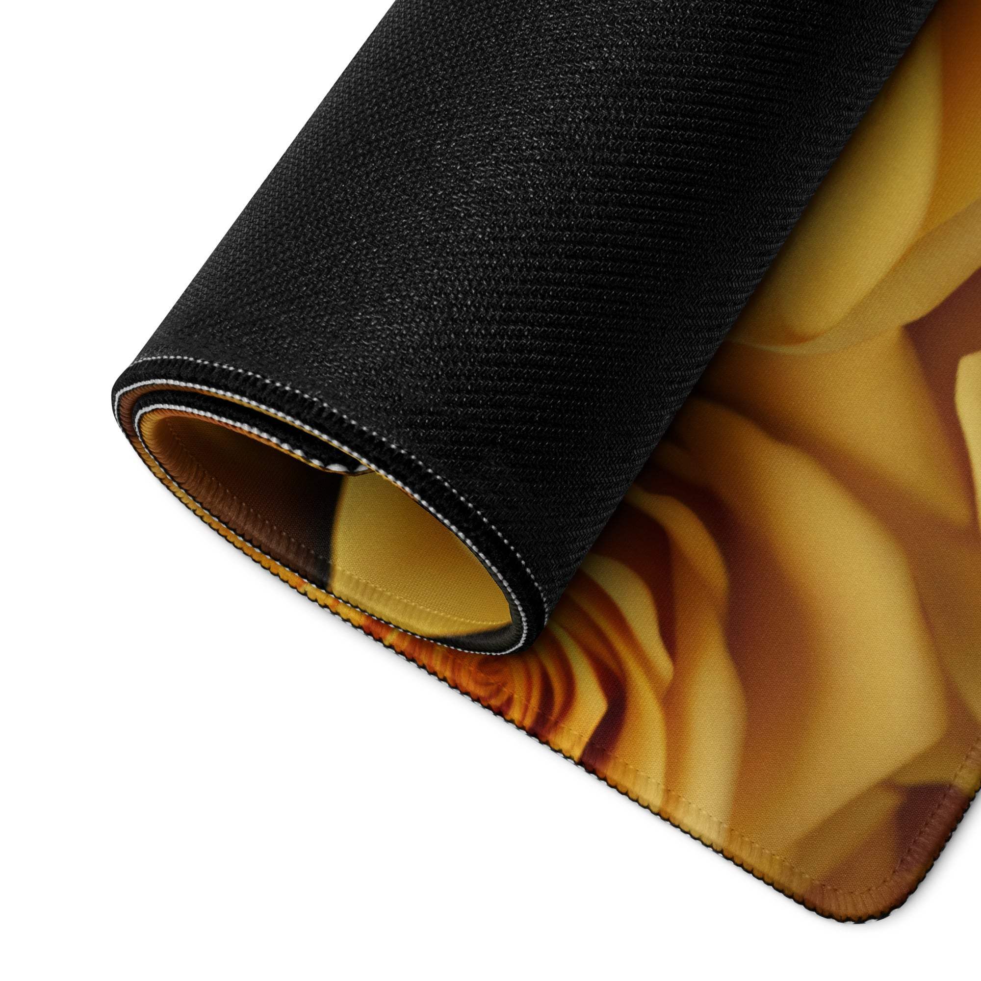 Black rolled-up large yellow rose gaming mousepad with non-slip base