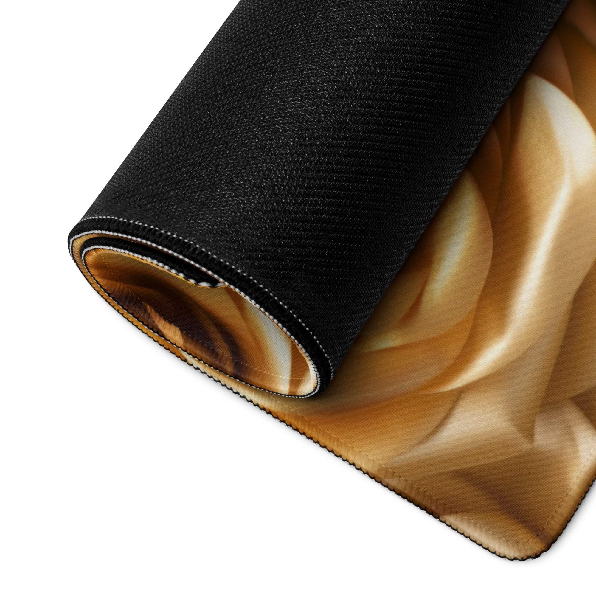 Back of Luxurious Golden Rose gaming mouse pad with black textured top and golden satin underside