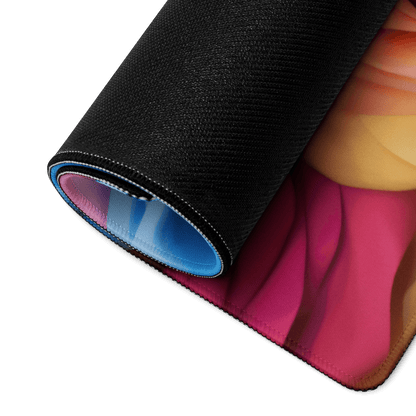 Rolled-up Vibrant Floral Rainbow Gaming Mouse Pad with pink-orange-blue gradient