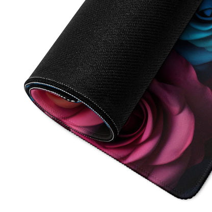 Black gaming mouse pad with vibrant magenta blue rose edge stitching