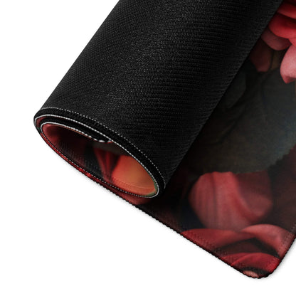 Romantic Rose Garden gaming mouse pad with red roses, stitched edge, non-slip base