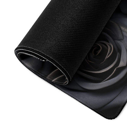 Black textured mousepad with grayscale rose design, non-slip base, stitched edges
