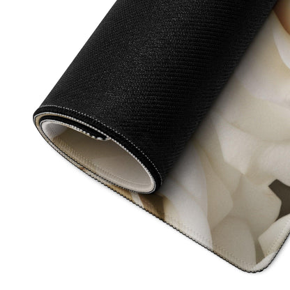Black textured gaming mousepad back with white lining, stitched edges