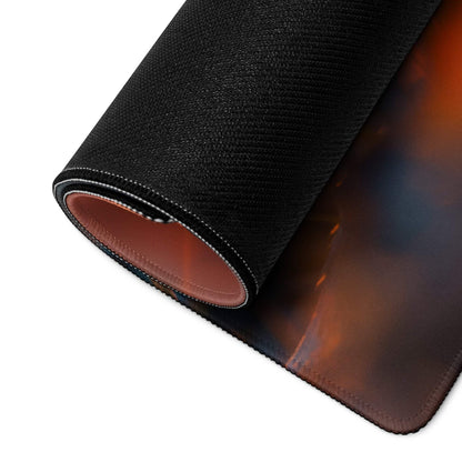 Dreamy Sunset Mushroom large gaming mousepad with black textured fiery orange red gradient, stitched edges, brown lining, non-slip backing