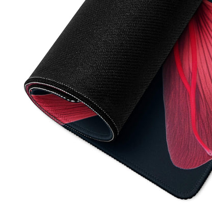 Black gaming mousepad with red floral design, pink lining, non-slip backing