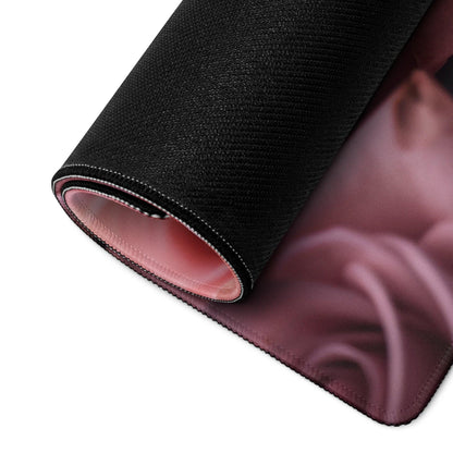 Black and pink rose floral gaming mousepad with textured rose fabric surface