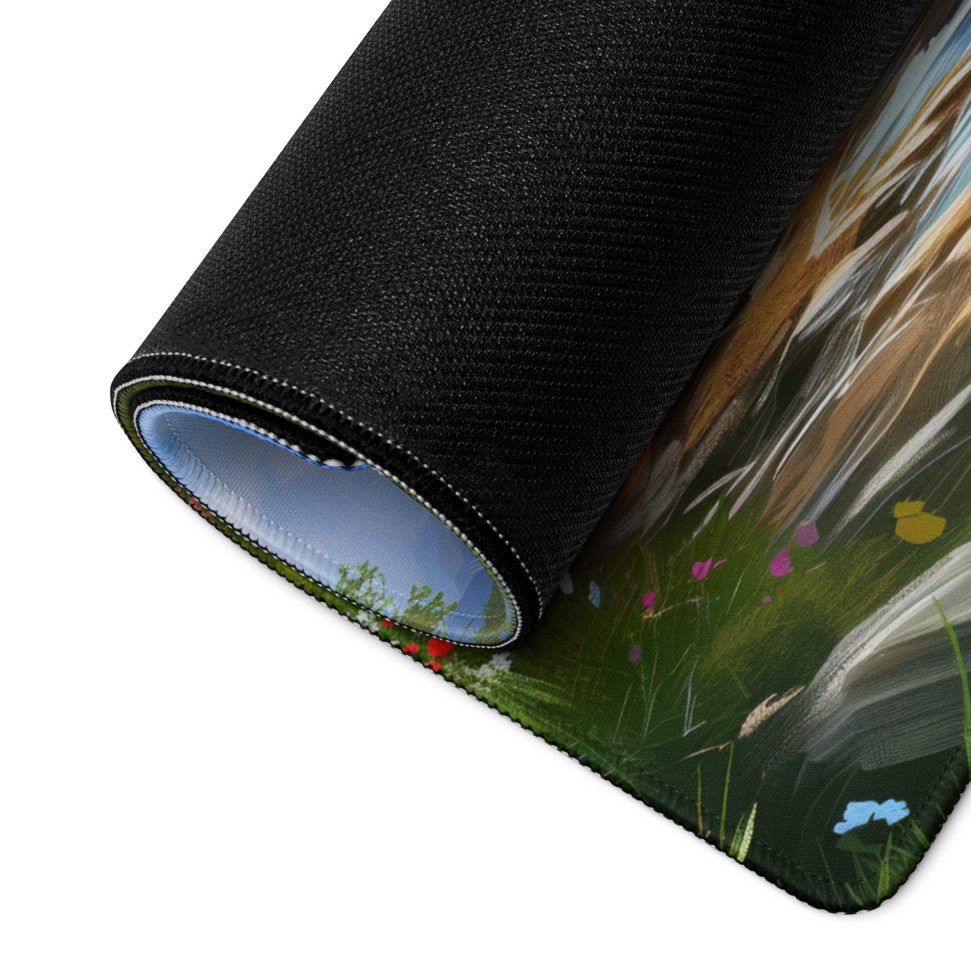 Vibrant mountain landscape gaming mouse pad with green grass, wildflowers, reeds, non-slip base