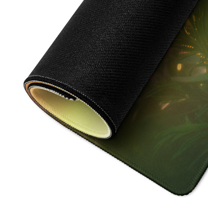 Black textured gaming mousepad with green gold Sunlit Meadow sunrise design