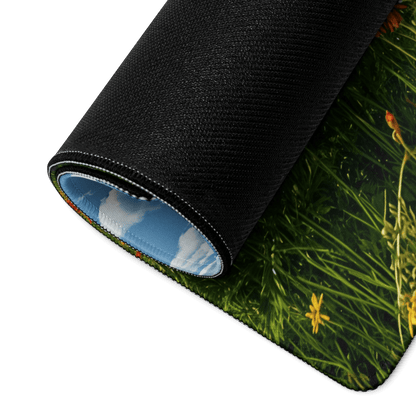 Black rolled-up mousepad with green grass, yellow flowers, blue sky lining