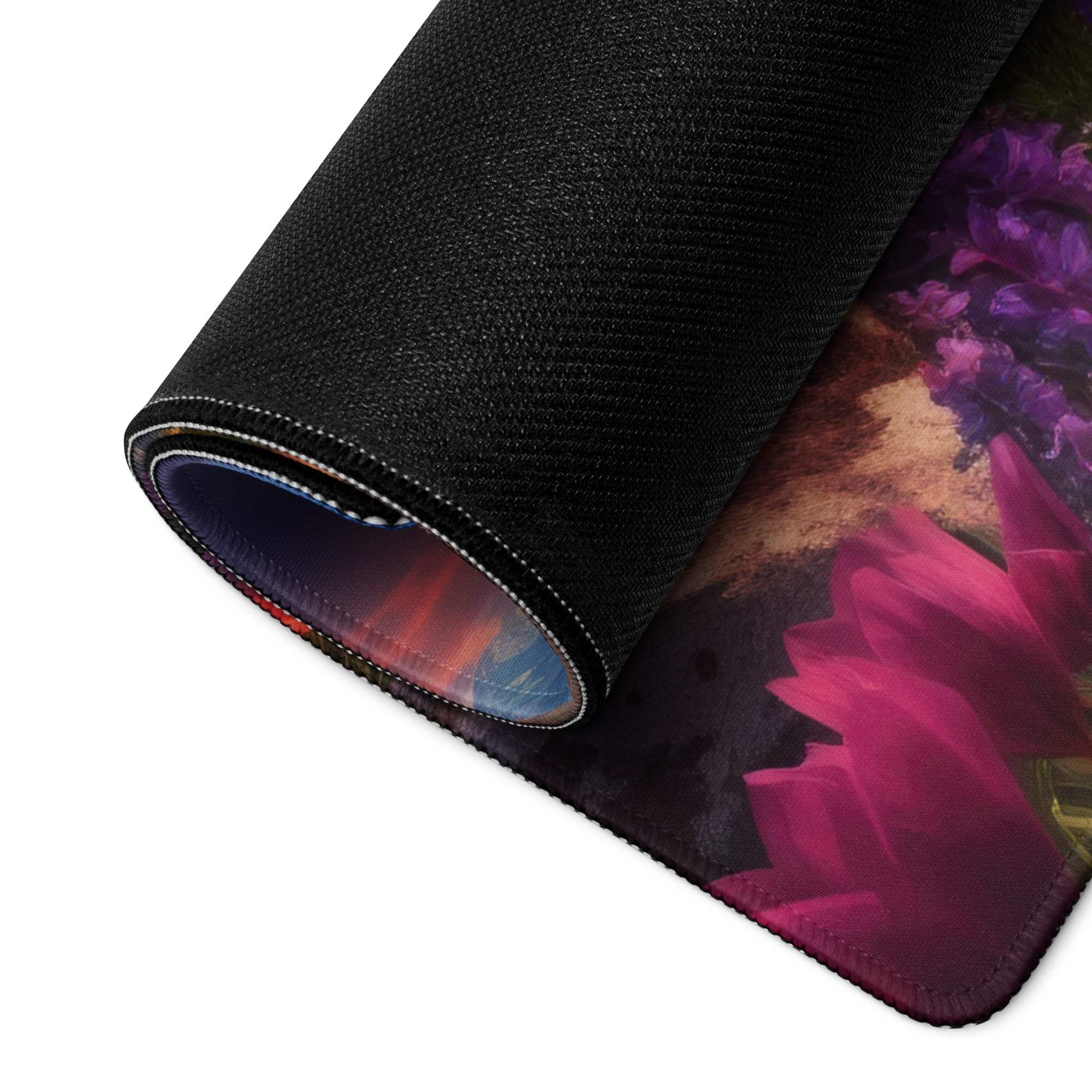 Rolled-up Vibrant Sunset Gaming Mouse Pad with purple flowers, pink crystals, large size, edge stitching, non-slip base