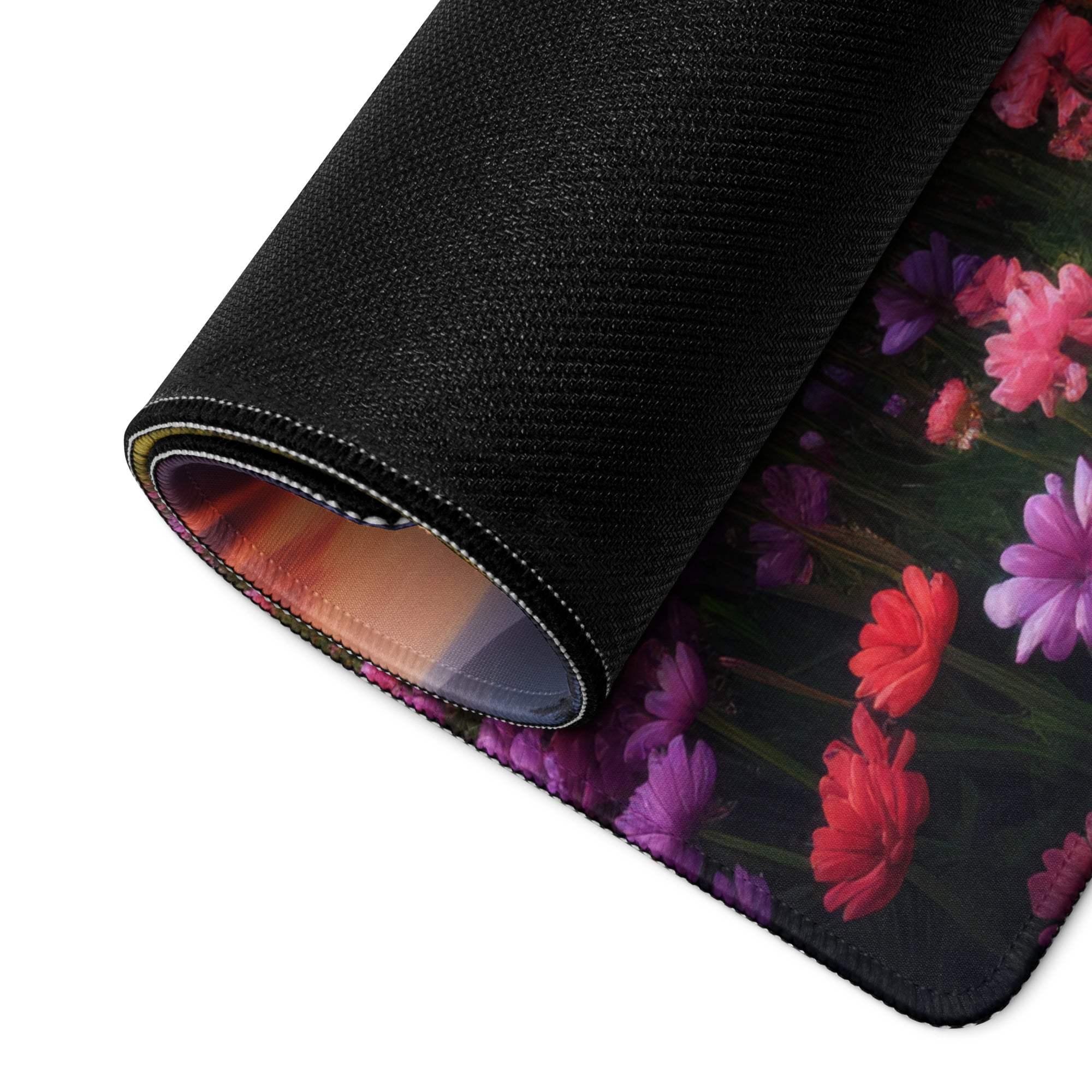 Rolled-up Epic Landscape Sunset Violet Pink Flower Meadow gaming mouse pad